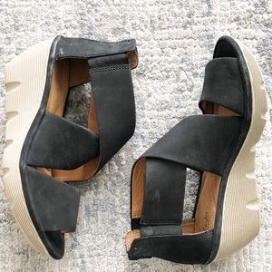 Clarks: Women’s black suede wedge sandals